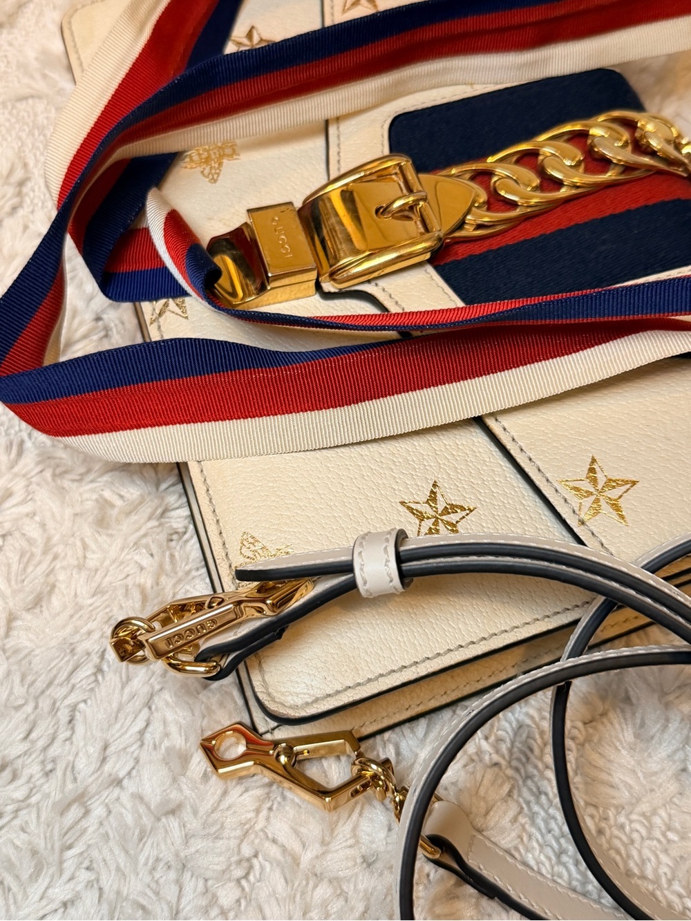 Gucci Sylvie Crossbody with Gold Star & Bee and Red-Blue Stripe strap - Picture 16 of 16
